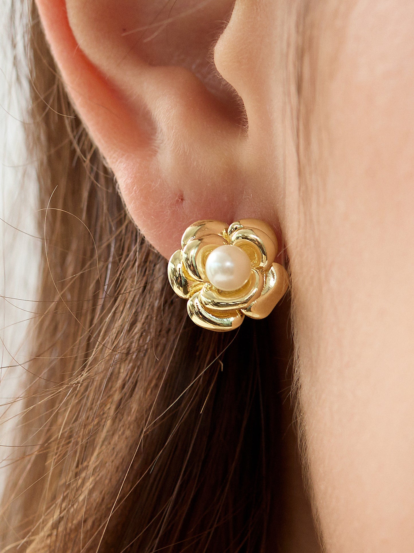 14K Gold Plated Petal Pearl Earrings